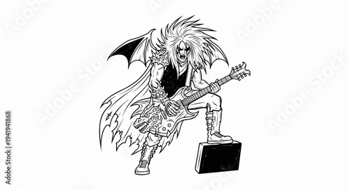 A fierce winged figure plays a heavily decorated guitar, screaming into a microphone