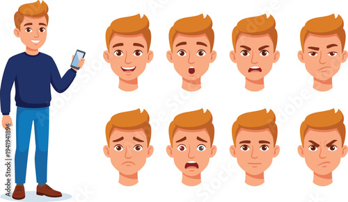 Male Character Emotions Set, Young Man Facial Expressions, Cartoon Boy Avatar Collection, Person Using Smartphone