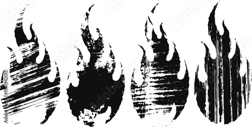 Grunge flame icons set, black fire silhouettes with textured distressed effects, design elements for logos and illustrations