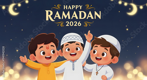 Happy Ramadan 2026 Illustration: Diverse Children Representing Religious Harmony and Global Unity
