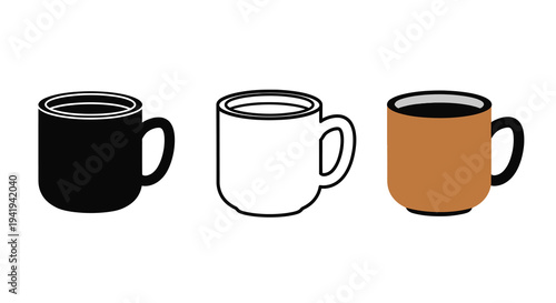 Three coffee mugs in varying styles including a dark silhouette