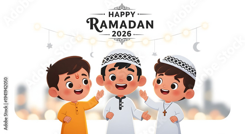 Happy Ramadan 2026 Illustration: Diverse Children Representing Religious Harmony and Global Unity