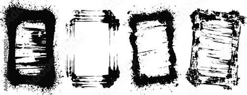 four grungy black ink brush rectangular frames with rough textured edges and distressed