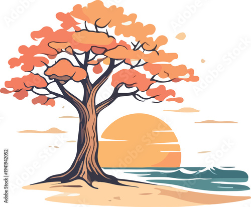 Palm tree and sunset topical beach clipart logo vector white background 