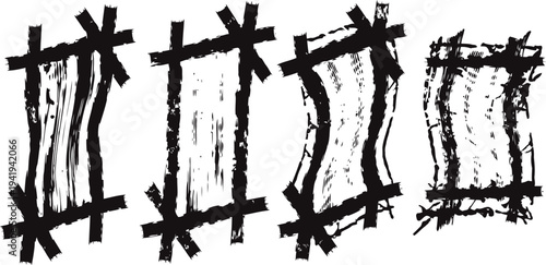 abstract black brush stroke frames set with rough texture and irregular shapes on white background