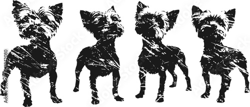 Small dog silhouette set with distressed texture yorkshire terrier standing and facing various directions