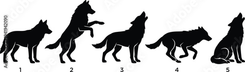Wolf Silhouette Vector Set, Five Different Wolf Poses Including Howling, Standing, Running, and Jumping, Flat CAD Drawing