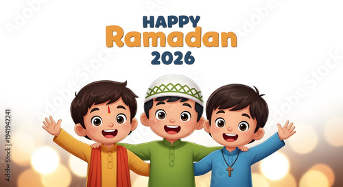 Happy Ramadan 2026 Illustration: Diverse Children Representing Religious Harmony and Global Unity