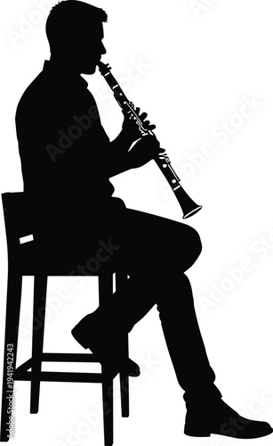   
Silhouette of person playing clarinet, seated posture, musical performance, lifestyle, art, entertainment, creativity, design, instrument illustration