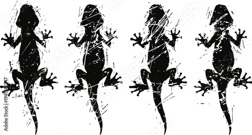 Four black gecko silhouettes in a row with scratchy textured patterns on white background