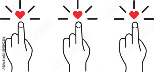 Hand gestures indicating a like or love action with red heart symbols Vector illustration