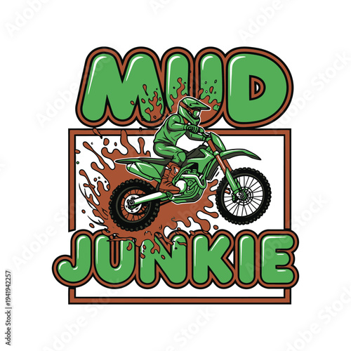 A green motorcycle rider with mud splatter in a cartoon style design tshirt design