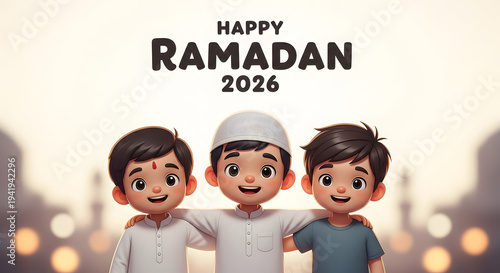 Happy Ramadan 2026 Illustration: Diverse Children Representing Religious Harmony and Global Unity
