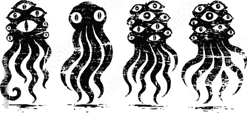 Black and white fantasy octopus monsters with multiple eyes and tentacles creepy sea creature abstract design, surreal horror illustration