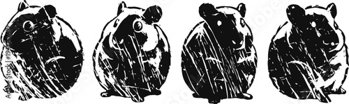 four carved bear sculptures on wooden bases displaying natural grain and artistic texture