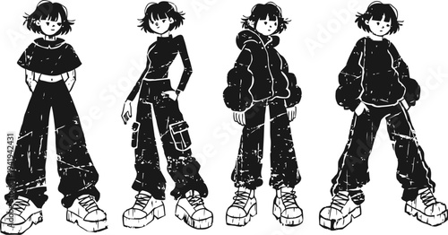 stylish girl character in various hip hop streetwear outfits with chunky platform shoes