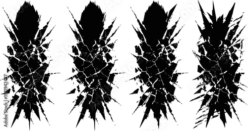 set of four black and white hand drawn pineapples with spiky leaves, tropical fruit silhouettes