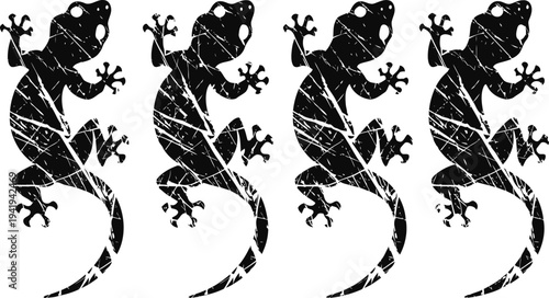 Four black lizard silhouettes with textured distressed design in a row, reptile animal pattern