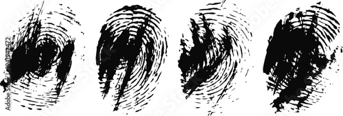 Set of four black ink fingerprint patterns on white background for identification and security concept