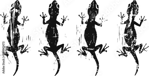 Black and white silhouettes of four lizards in different poses, reptile illustration with textured details