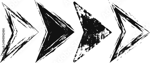 Grunge black arrows pointing right, distressed textured chevron design elements