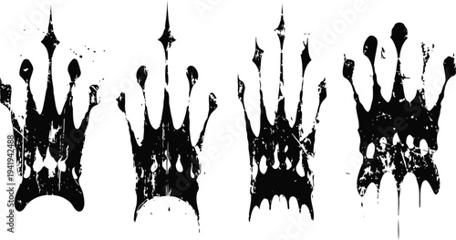 grunge black crowns set distressed royal symbols with irregular paint splatters and vintage textures