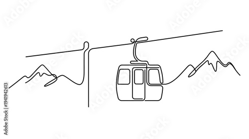 Single Continuous Line Cable Car Cabin Hanging from Overhead Cable Minimal Mountain Travel Illustration