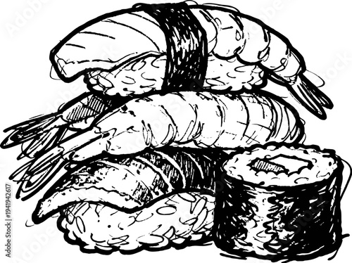 Hand drawn sushi set with shrimp nigiri, eel nigiri, and maki roll in black ink sketch