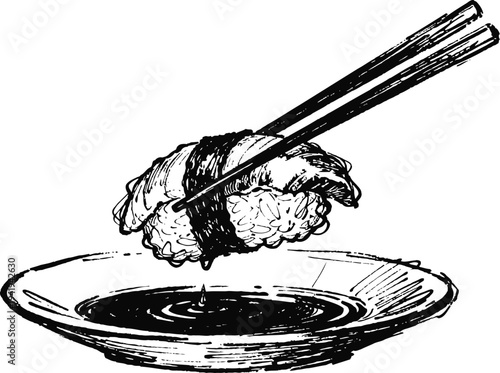 Sushi and soy sauce dipping nigiri with chopsticks above plate with soy sauce splash