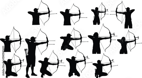 Silhouettes of archers aiming bows and arrows, standing, kneeling, crouching postures, quiver detail, archery techniques, vector illustration, black icons