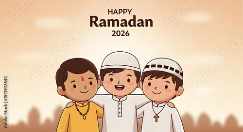 Happy Ramadan 2026 Illustration: Diverse Children Representing Religious Harmony and Global Unity