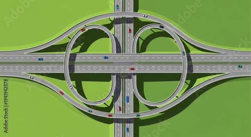Aerial View of a Cloverleaf Interchange with Traffic.