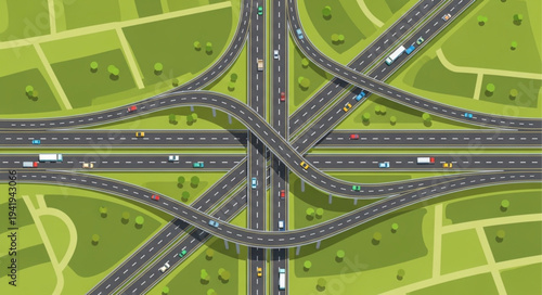 Aerial View of a Complex Highway Interchange with Traffic.