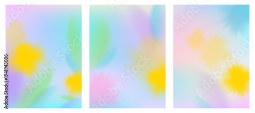 A set of pastel summer banners with blurred yellow dandelions and green leaves, delicate abstract floral backgrounds on a summer theme. Decorative vector design.