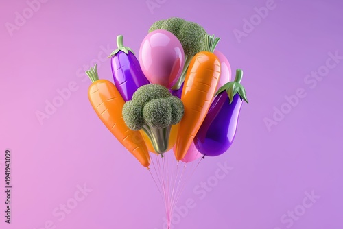 Balloons shaped like vegetables rise against a purple background at a fun event celebrating healthy eating