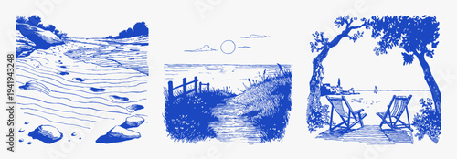 Sunny beach sand path sea coast vintage. Hand drawn blue sketch line summer vacation landscapes.