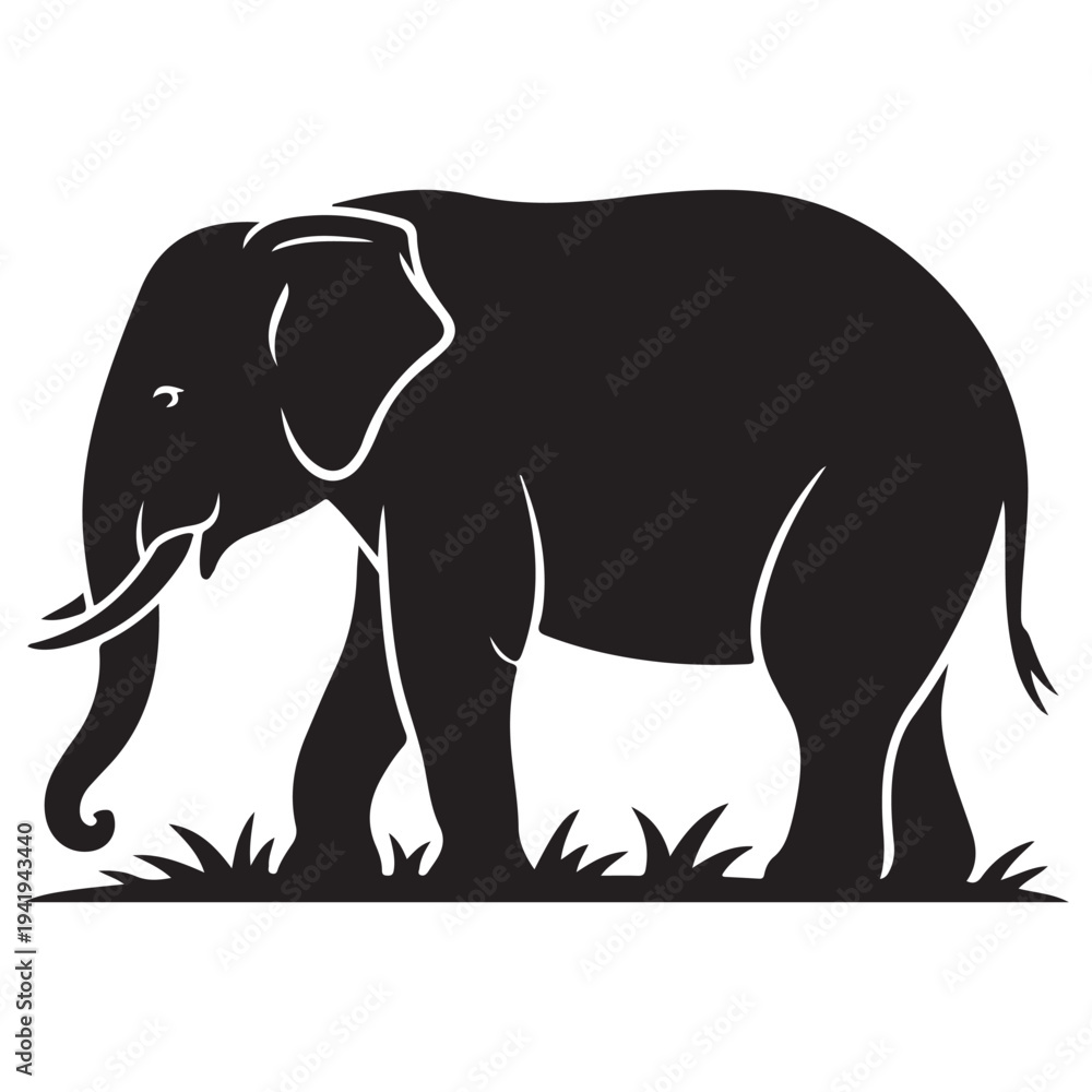 Fototapeta premium Elephant walking in grassland silhouette flat design vector illustration