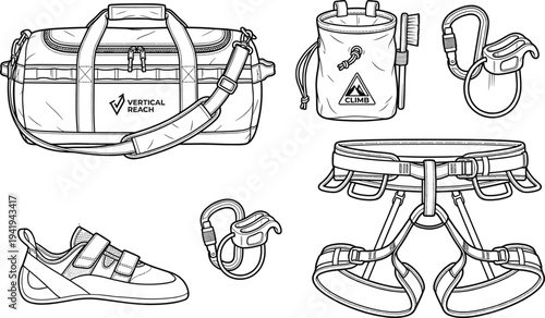Rock Climbing Gear Collection Featuring Harness Rope Shoes Chalk Bag and Duffel Bag Vector Illustration,