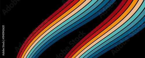 Abstract background of rainbow groovy Wavy Line design in 1970s Hippie Retro style. Vector pattern ready to use for cloth, textile, wrap and other.