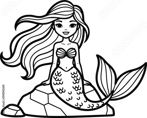 A cartoon mermaid with long flowing hair and a sparkly tail