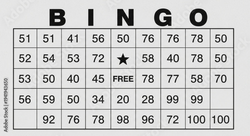 Bingo Card with Numbers and Free Space for Game Play.