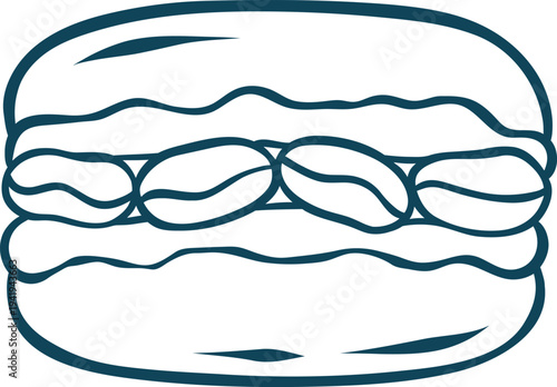 Doodle style macaroon with coffee, Mediterranean blue outline. Clean hand-drawn vector of French treat for dessert menus or bakery marketing