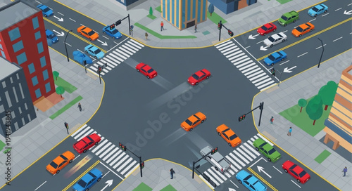 Aerial View of a Busy City Intersection with Cars.