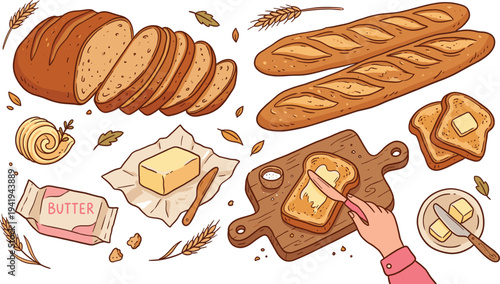 Fresh Bakery Bread and Butter Set with Baguette Toast and Sliced Loaf Vector Illustration,