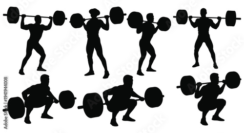 A series of weightlifters depicted in various poses showcasing strength and athletic ability silhouette high quality
