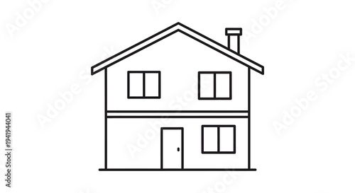 Simple line drawing depicts a classic two story house with a gabled roof silhouette high quality professional