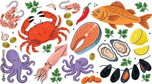 Fresh Seafood and Marine Life Collection with Crab Octopus Fish Oysters and Shrimp Vector Illustration,