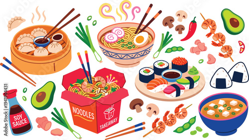 Asian Cuisine Food Set with Sushi Ramen Dim Sum Noodles and Soy Sauce Vector Illustration,