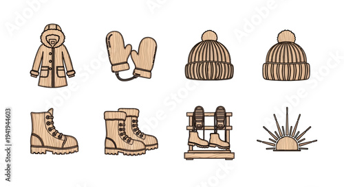 Wooden winter gear icons featuring coat, mittens, hats, boots, ice skates, and sunburst