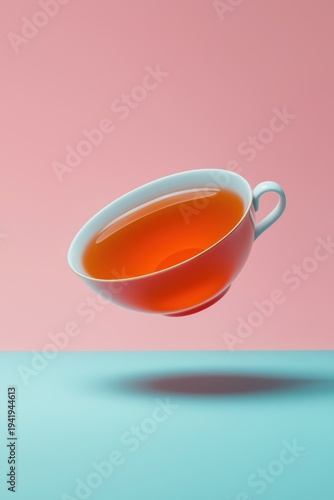 Floating cup with tea against a pink and blue background in a simple setup